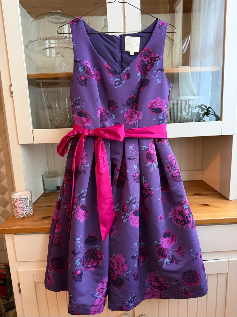 ModCloth Purple Floral Party Dress with Pink Sash